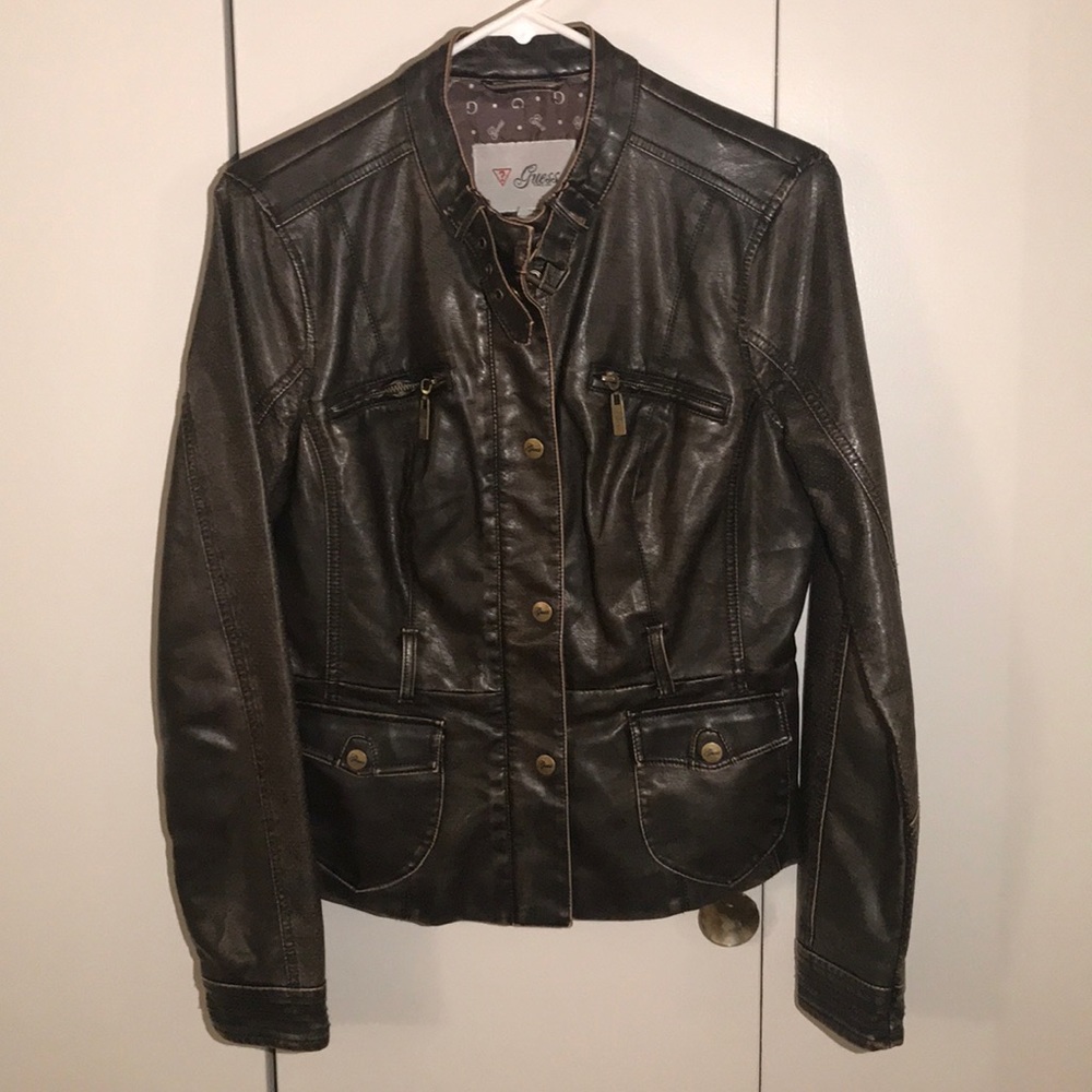 Guess Imitation Dark Brown Leather Jacket